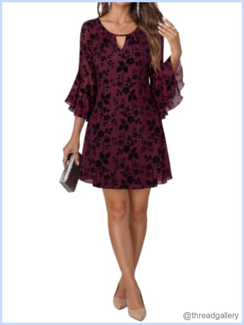 Women's Floral Mesh A-Line Dress 3/4 Bell Sleeve Knee-Length Wedding Guest